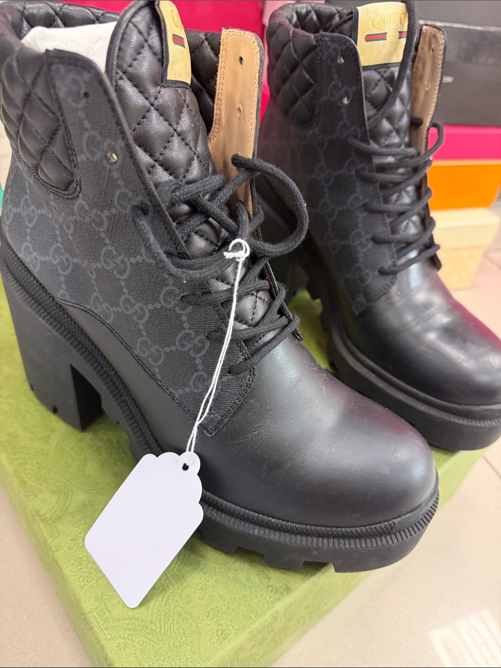 Gucci Black Quilted Lace-Up Platform Ankle Boots